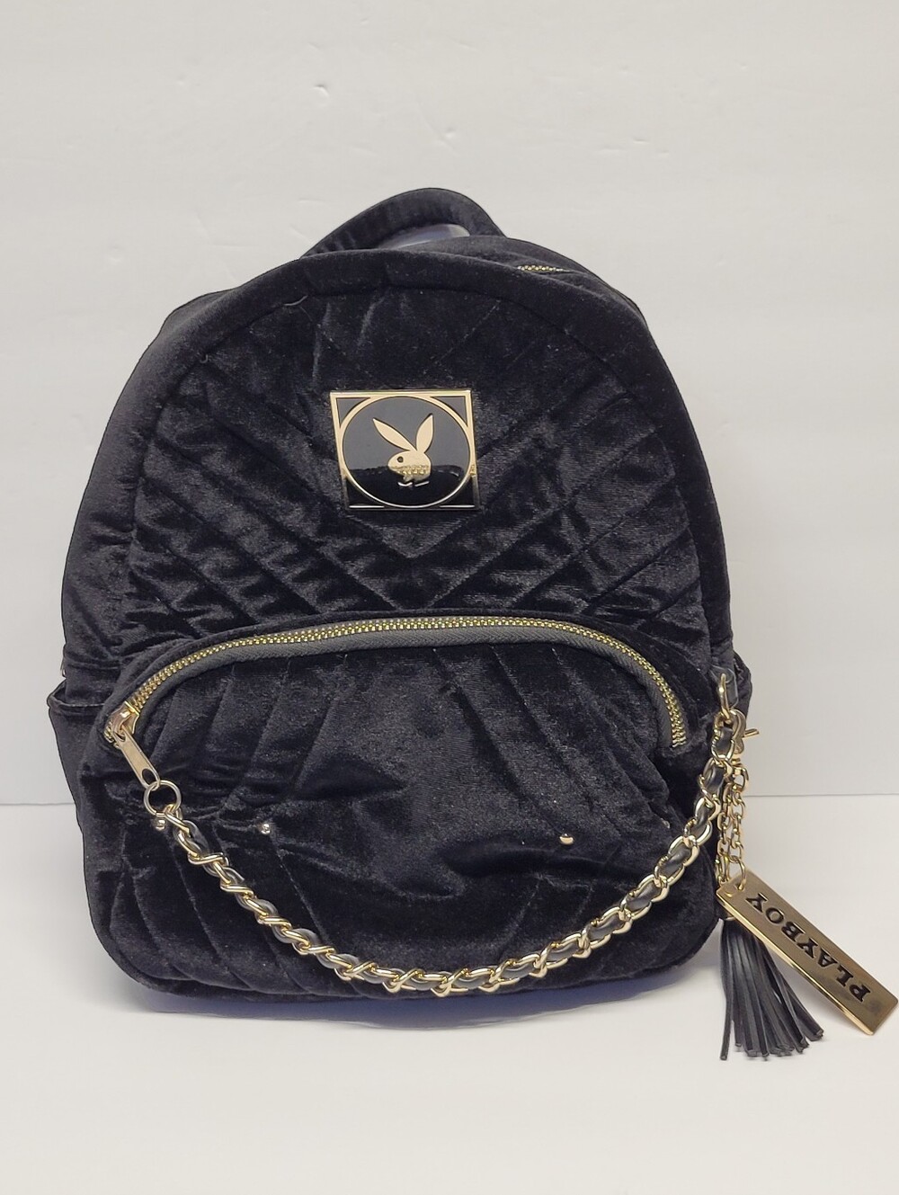 Spencers PLAYBOY Black Quilted Velvet Mini Backpack with Gold Accents